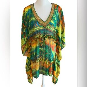 D Swim Coverup Women’s S Sequined Neck Drawstring Waist Caftan New With Tags